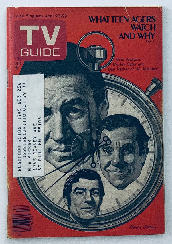 TV Guide Magazine April 23 1977 cover featuring Mike Wallace and an illustration of notable journalists Morley Safer and Dan Rather.