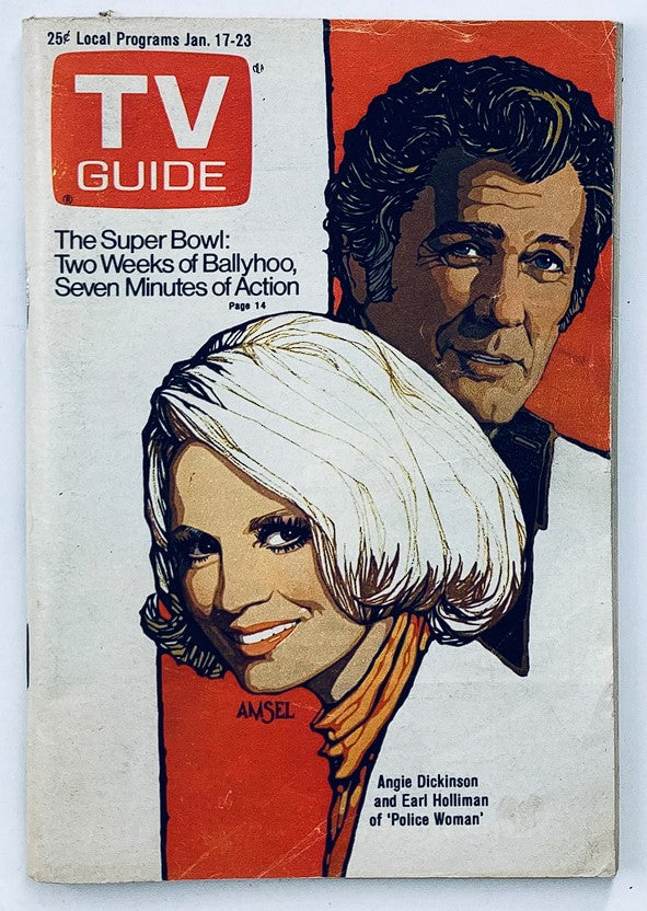 Cover of TV Guide Magazine from January 17, 1976 featuring Angie Dickinson and Earl Holliman of 'Police Woman', highlighting articles on the Super Bowl and local TV programs.