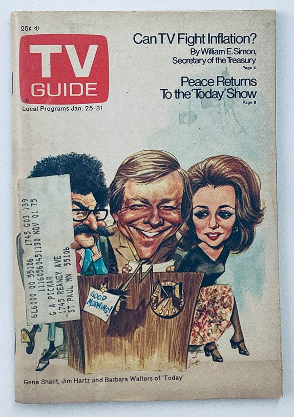 Cover of TV Guide Magazine January 25, 1975 featuring Gene Shalit, Jim Hartz, and Barbara Walters, with a cartoon-style illustration highlighting popular television personalities and articles on current television programming.
