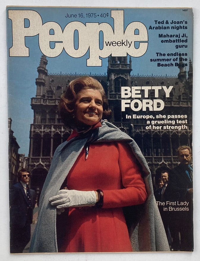 People Weekly magazine cover from June 16, 1975, Volume 3, Number 23 featuring Betty Ford in Europe. The cover highlights a captivating image of Betty Ford, dressed in a stylish red outfit, standing in front of a historic European backdrop while smiling at the camera. This vintage magazine captures a significant moment in history when Betty Ford was noted for her influential role as First Lady.