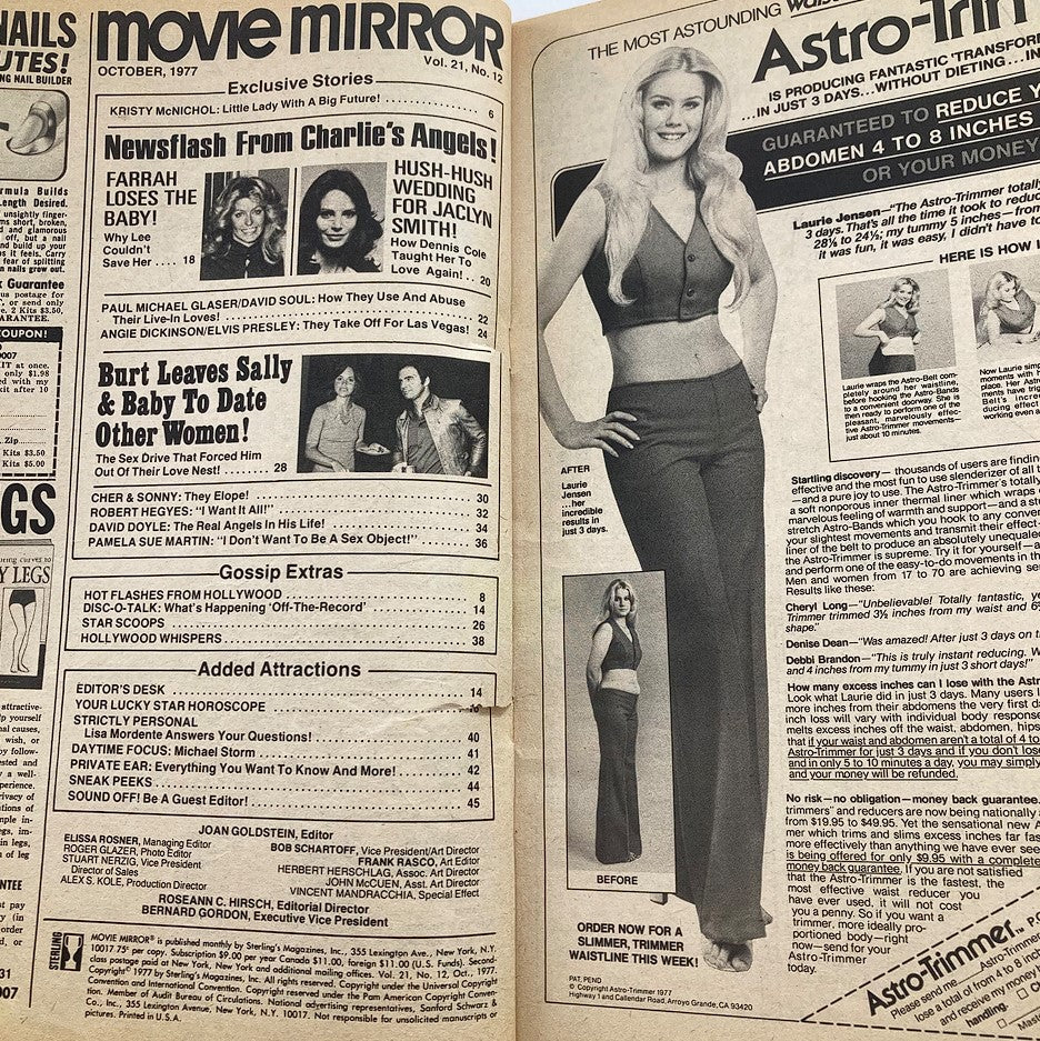 Interior page of VTG Movie Mirror Magazine October 1977 Vol 21 #12 showcasing exclusive stories and advertisements, including a feature on the Astro-Trimmer.