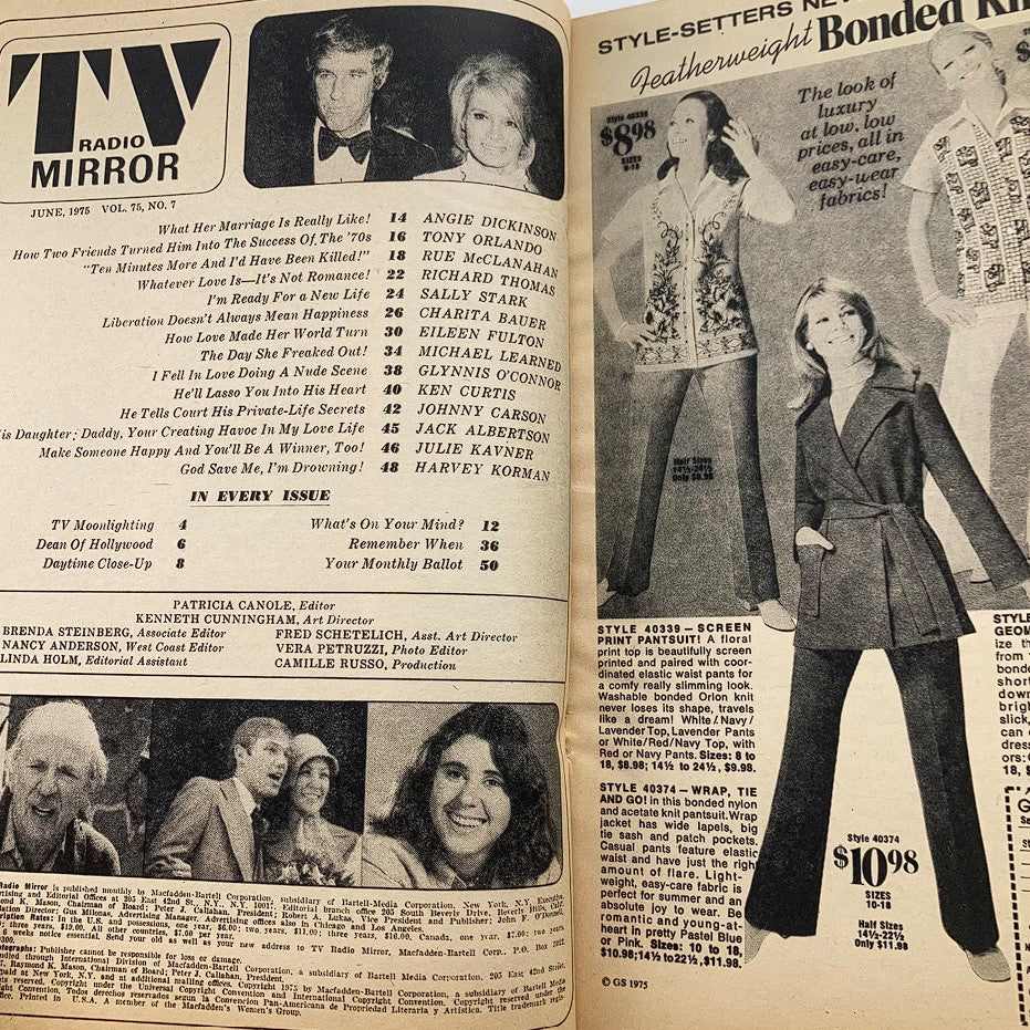 Inside page of the VTG TV Radio Mirror Magazine from June 1975, showcasing articles and headlines including features on Angie Dickinson, Richard Thomas, and television entertainment trends.