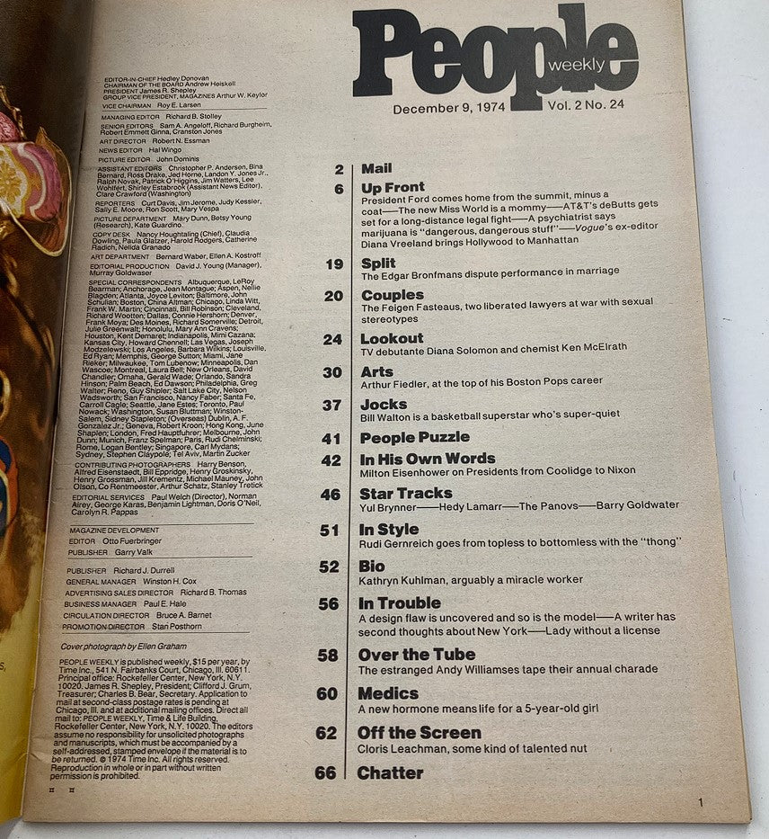 Table of contents page from People Weekly Magazine, December 9, 1974, Vol 2 #24, listing featured articles and celebrities, including Cloris Leachman.