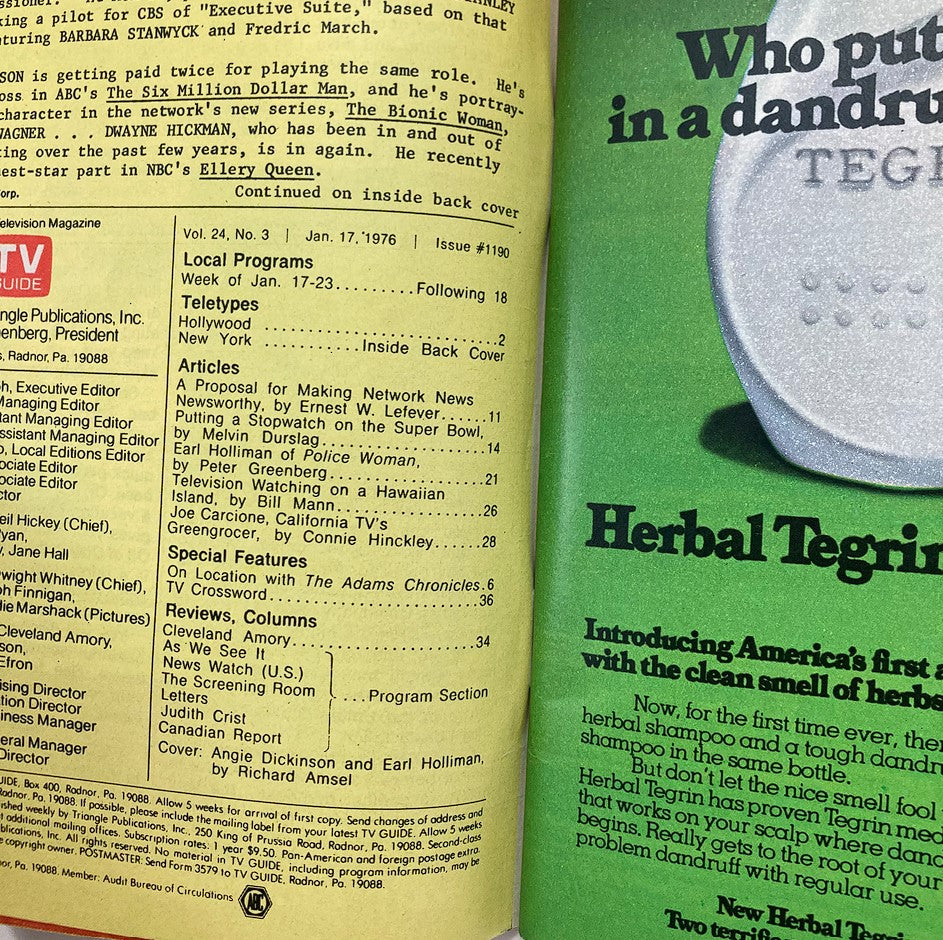TV Guide Magazine January 17 1976 featuring local program listings, articles, and a cover showcasing Angie Dickinson and Earl Holliman, providing insights into 1970s television.