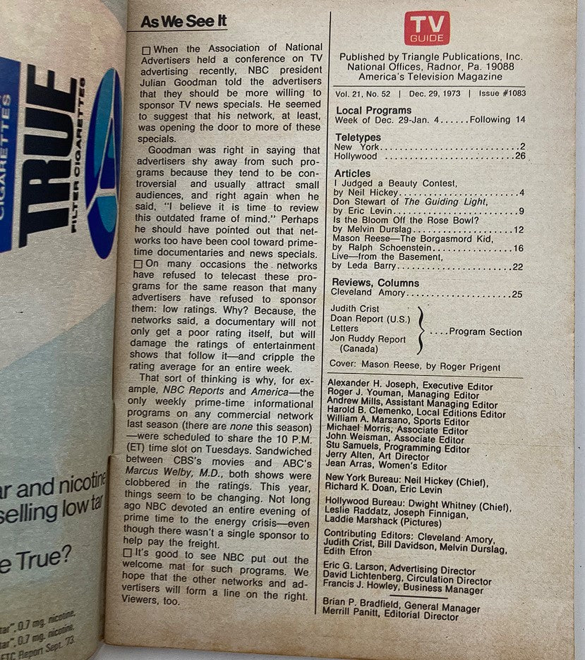 Interior page of TV Guide Magazine December 29 1973, featuring an article about television advertising and programming, including local schedules and featured programs, showcasing the nostalgic design of the era.
