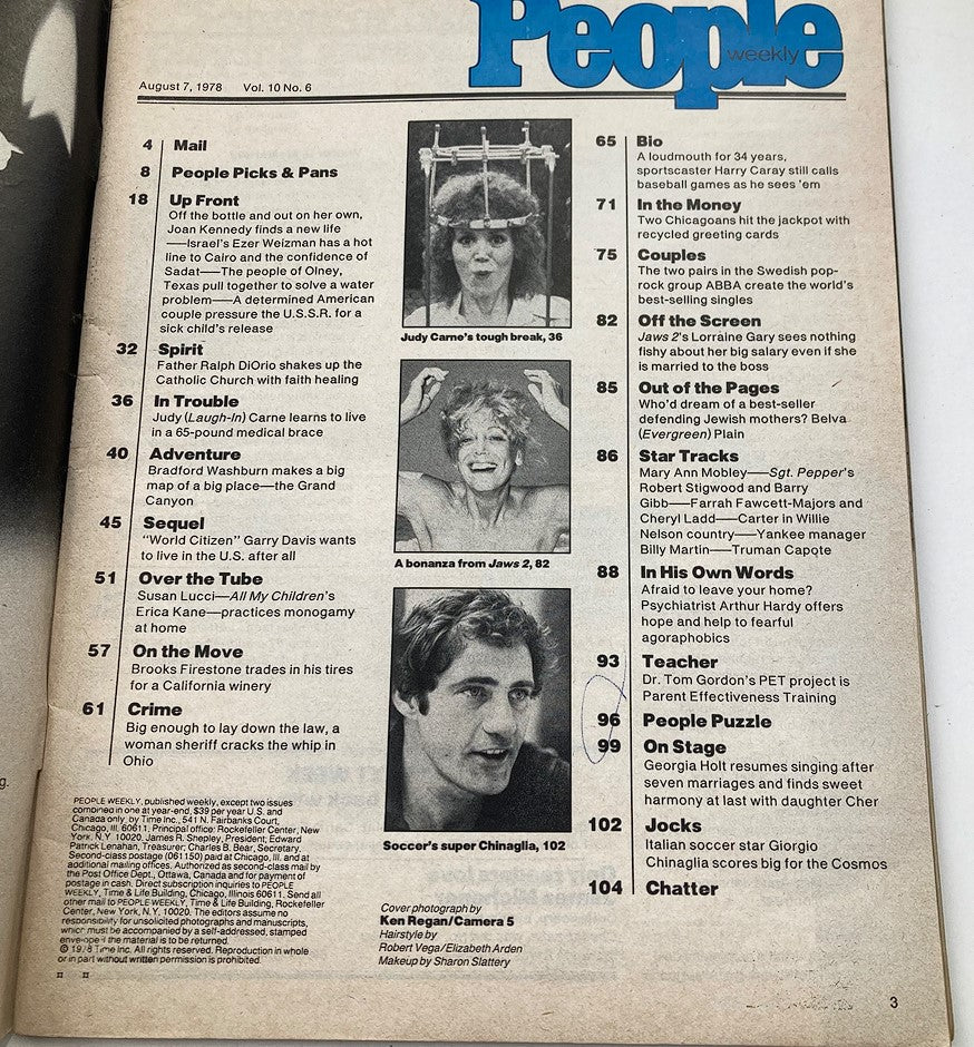Inside page of VTG People Weekly Magazine from August 7, 1978, Vol 10, No 6, featuring articles and highlights including Judy Carne and a special focus on Joan Kennedy.