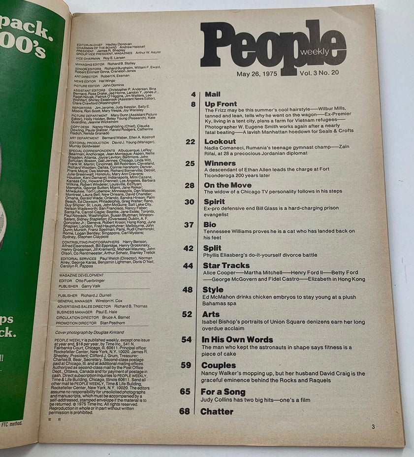 Inside page of People Weekly Magazine, May 26, 1975, Volume 3, Issue #20. The layout lists the contents of the magazine including articles related to pop culture and notable personalities of the 1970s.