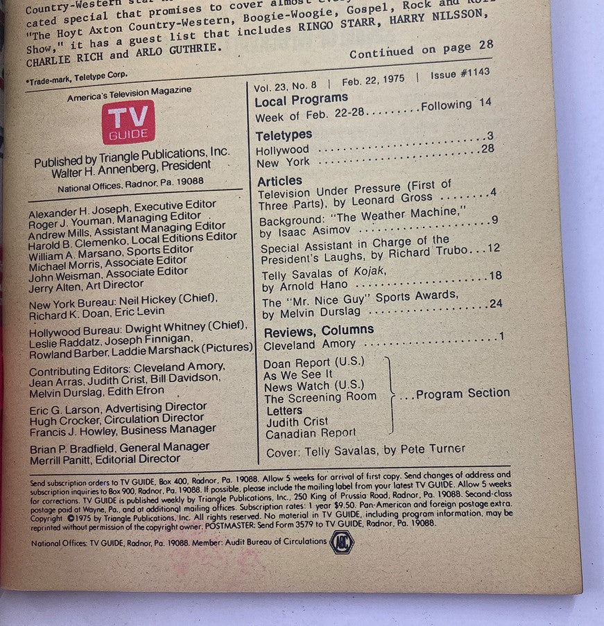Inside page of TV Guide Magazine February 22, 1975 featuring publication details and articles including a section about Telly Savalas, reflecting the magazine's editorial focus.