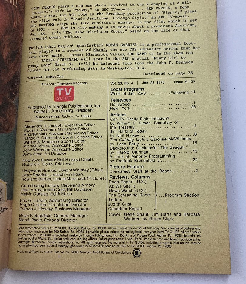 Interior page of TV Guide Magazine January 25, 1975, displaying the contents and articles including features on Gene Shalit and Jim Hartz, along with a list of local programs for the week.