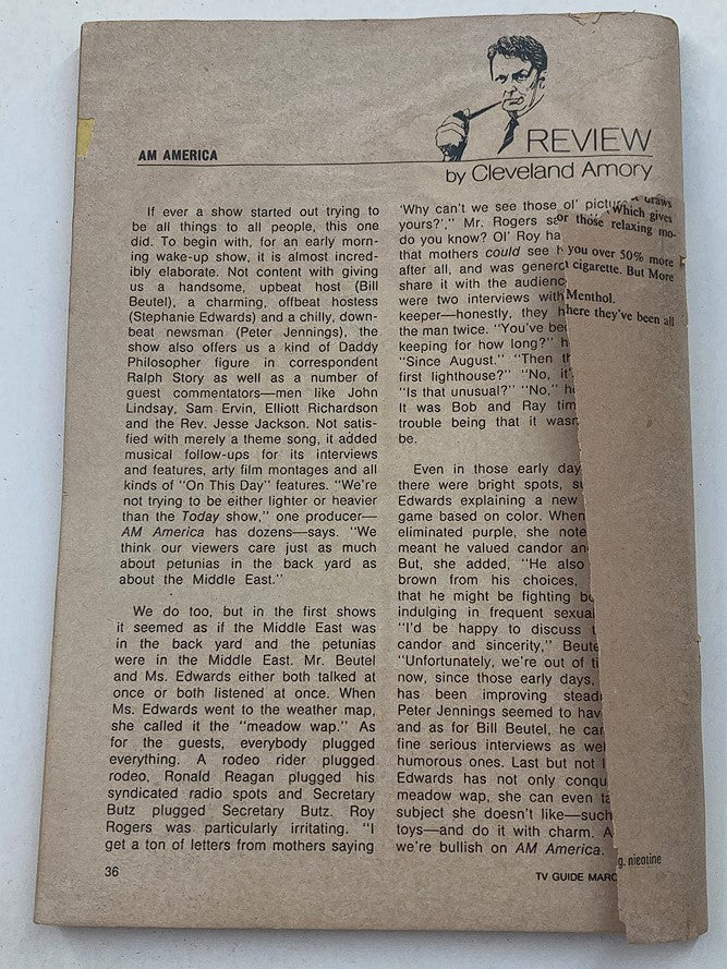 Interior page of TV Guide Magazine March 15 1975 featuring a review by Cleveland Amory, discussing the morning show AM America with various television personalities and cultural commentary from the 1970s.