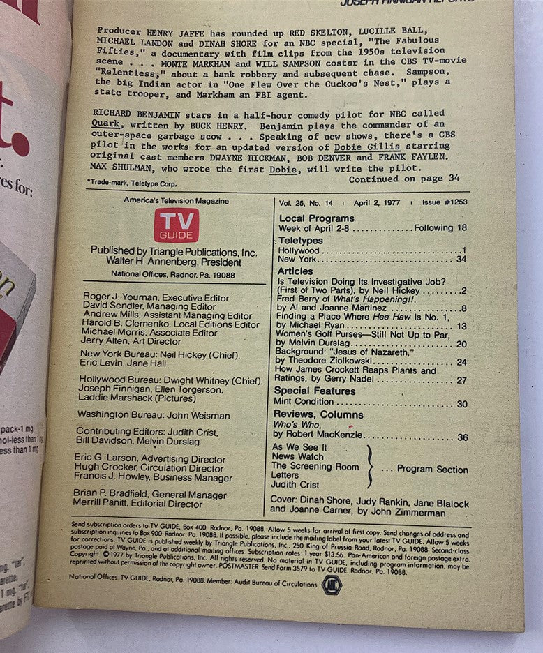 Inside page of TV Guide Magazine April 2 1977, showcasing the editorial staff and programming details for the week. This page emphasizes television broadcasts during the late 1970s era, with featured talents including Dinah Shore and Judy Rankin.