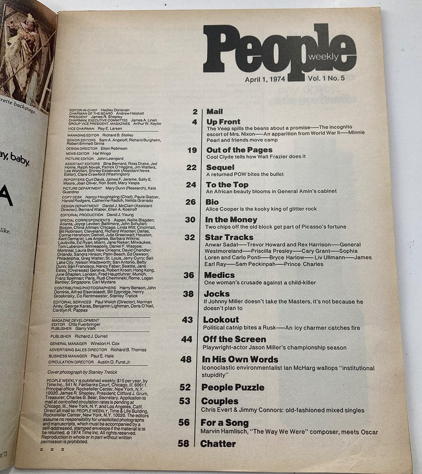 Inside page of VTG People Weekly Magazine from April 1, 1974, Volume 1, Issue 5, listing articles and features, including notable personalities and cultural topics relevant to the era.