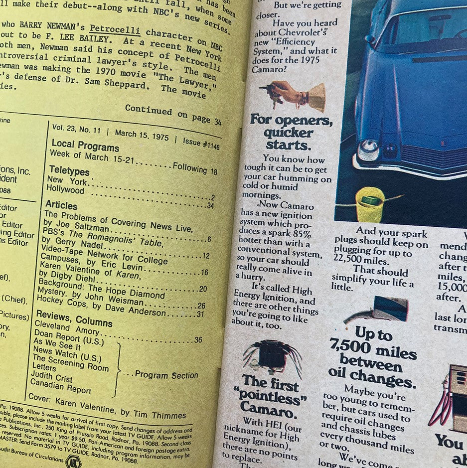 Inside page of TV Guide Magazine March 15 1975, including articles and tables, with a notable mention of Karen Valentine, highlighting key television programming from the 1970s.