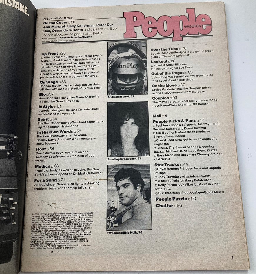 Inside page of People Weekly Magazine, August 28, 1978, Volume 10, Issue #9 with contents listed, highlighting articles including Ann-Margret, Grace Slick, and more.