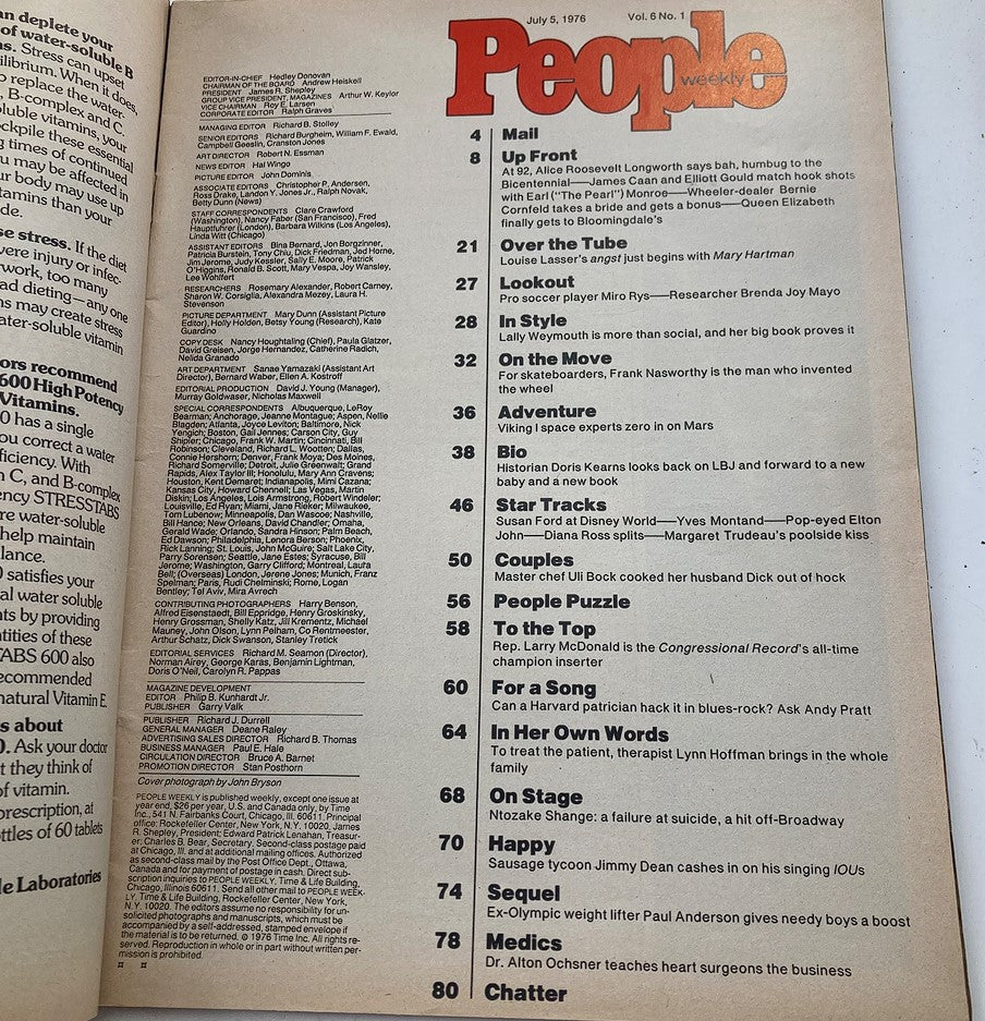 Interior page of VTG People Weekly Magazine July 5 1976 Vol 6 #1, listing contents and articles of the issue.