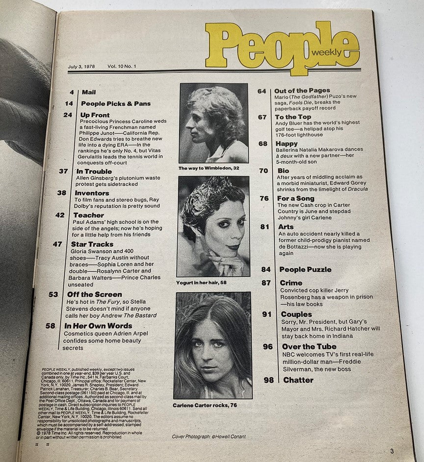 Inside page of People Weekly Magazine from July 3, 1978 with the editorial content and features titles, including articles related to Princess Caroline.