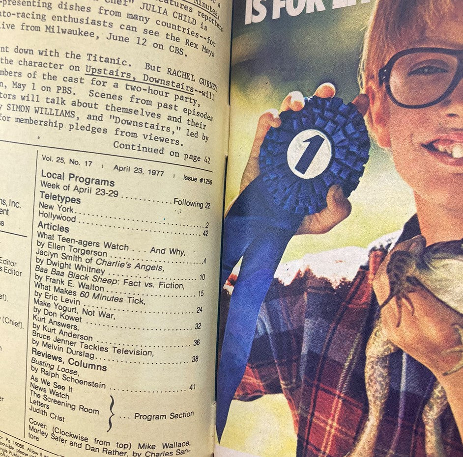 Interior page of TV Guide Magazine April 23 1977 showcasing an article about programming and the entertainment listings from that week.