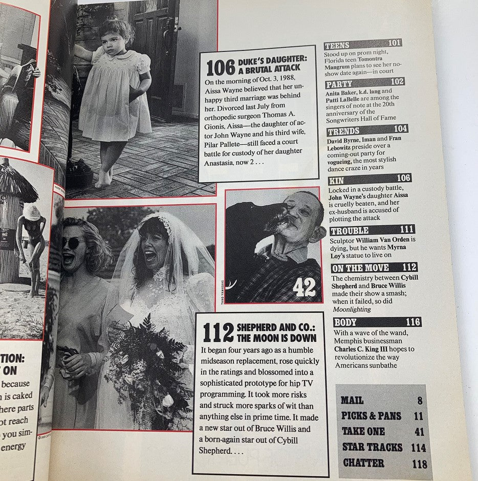 Interior page from the VTG People Weekly Magazine May 29, 1989, showcasing various articles including 'Duke's Daughter: A Brutal Attack' and images reflecting 1980s culture, providing insights into family dynamics and celebrity stories.