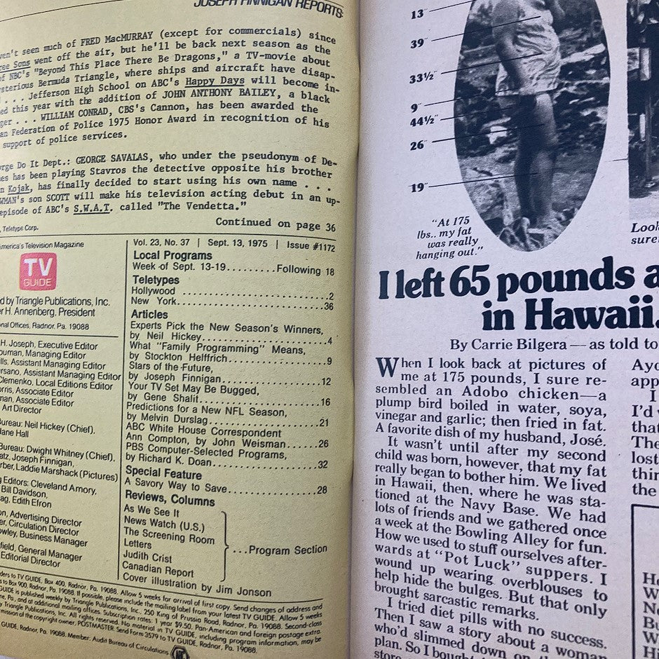 Content from TV Guide Magazine September 13, 1975 highlighting NFL winners, featuring local program listings, articles, and advertisements. This edition includes historical insights into 1970s television and the early NFL culture.