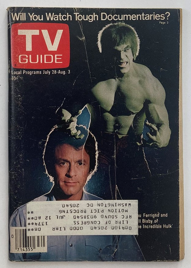 TV Guide Magazine cover from July 28, 1979 featuring Lou Ferrigno as the Hulk and Bill Bixby. This collectible magazine highlights the iconic duo and offers a glimpse into 1970s television culture, making it a valuable piece for vintage magazine enthusiasts.