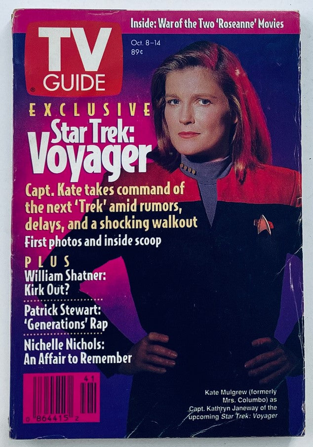 TV Guide Magazine cover from October 8, 1994, featuring Kate Mulgrew as Captain Kathryn Janeway in Star Trek: Voyager. The cover highlights exclusive content about the upcoming Star Trek series, along with notable interviews and features. This collectible magazine is a nostalgic piece reflecting 1990s television culture.