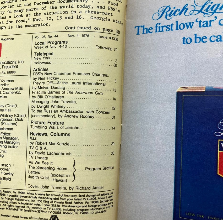 Inside page of TV Guide Magazine November 4 1978 Issue #1336, listing articles and features including one about John Travolta, reflecting the television programming of the late 70s.