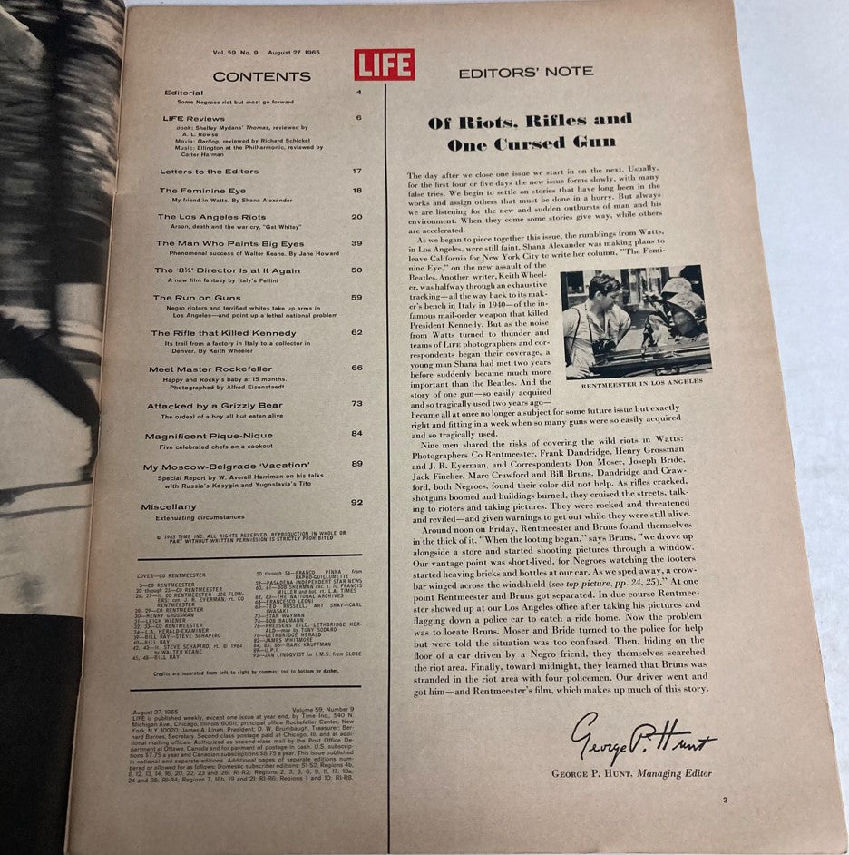 Contents page of VTG Life Magazine August 27 1965, listing articles including editor's note and features on riots and social issues.
