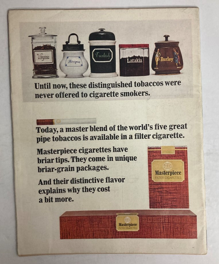 Advertisement page from VTG Life Magazine August 27 1965 promoting Masterpiece filter cigarettes and their unique tobacco blend.