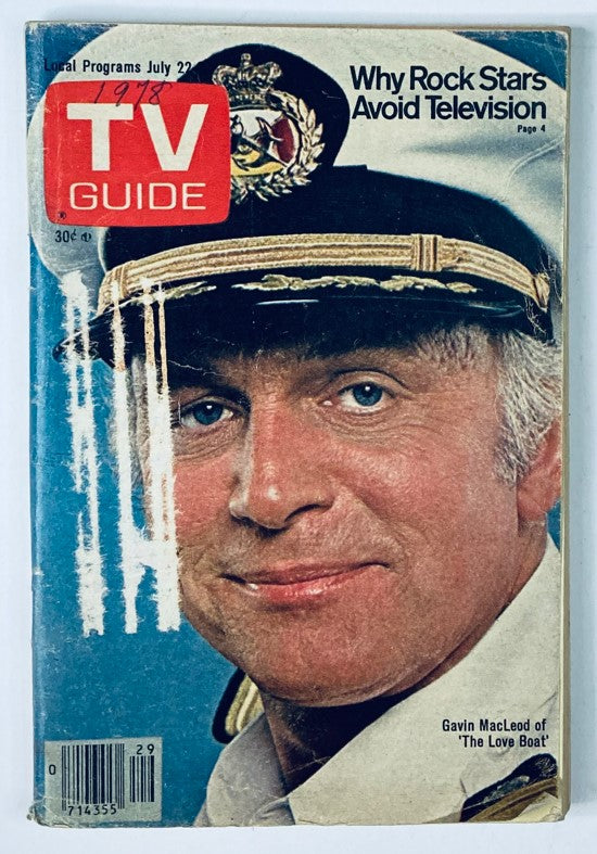 TV Guide Magazine cover from July 22, 1978 featuring Gavin MacLeod of The Love Boat. The cover includes the TV Guide logo and highlights a story about why rock stars avoid television.