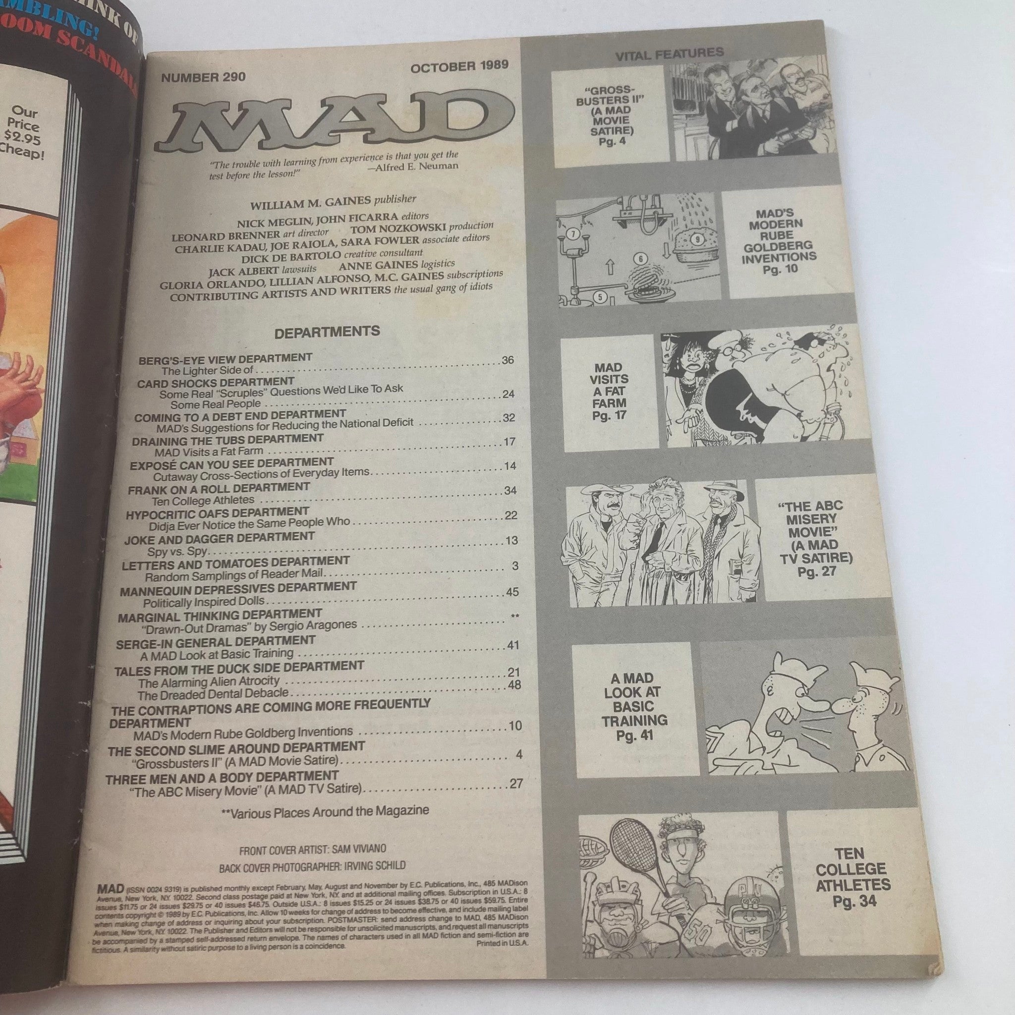 Interior page of Mad Magazine October 1989 No. 290 showcasing the table of contents and vital features, highlighting various articles and satire related to pop culture.
