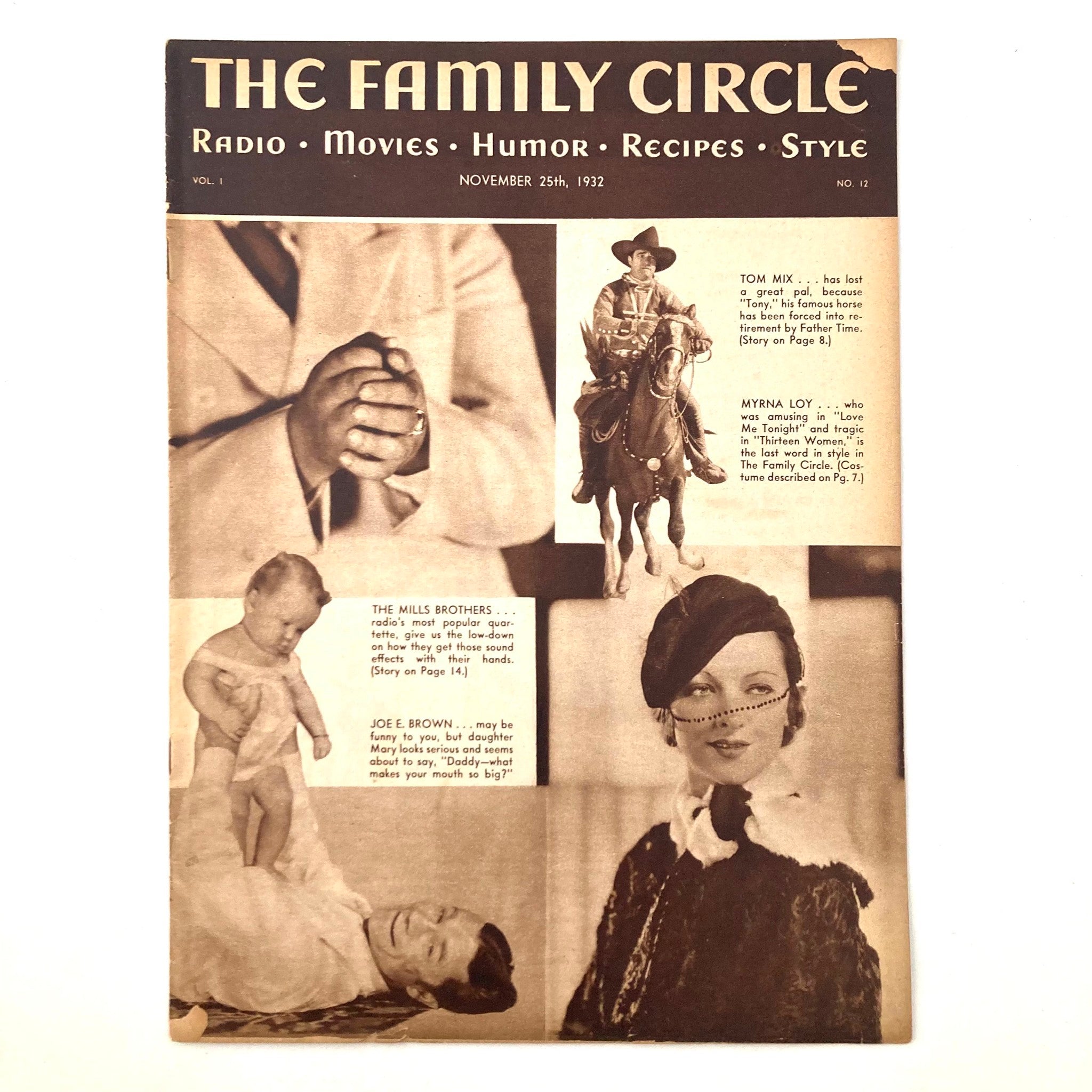 Cover of VTG The Family Circle Magazine dated November 25, 1932, featuring Hollywood stars Tom Mix and Myrna Loy. The magazine title is prominently displayed, alongside nostalgic imagery and text reflecting 1930s culture.