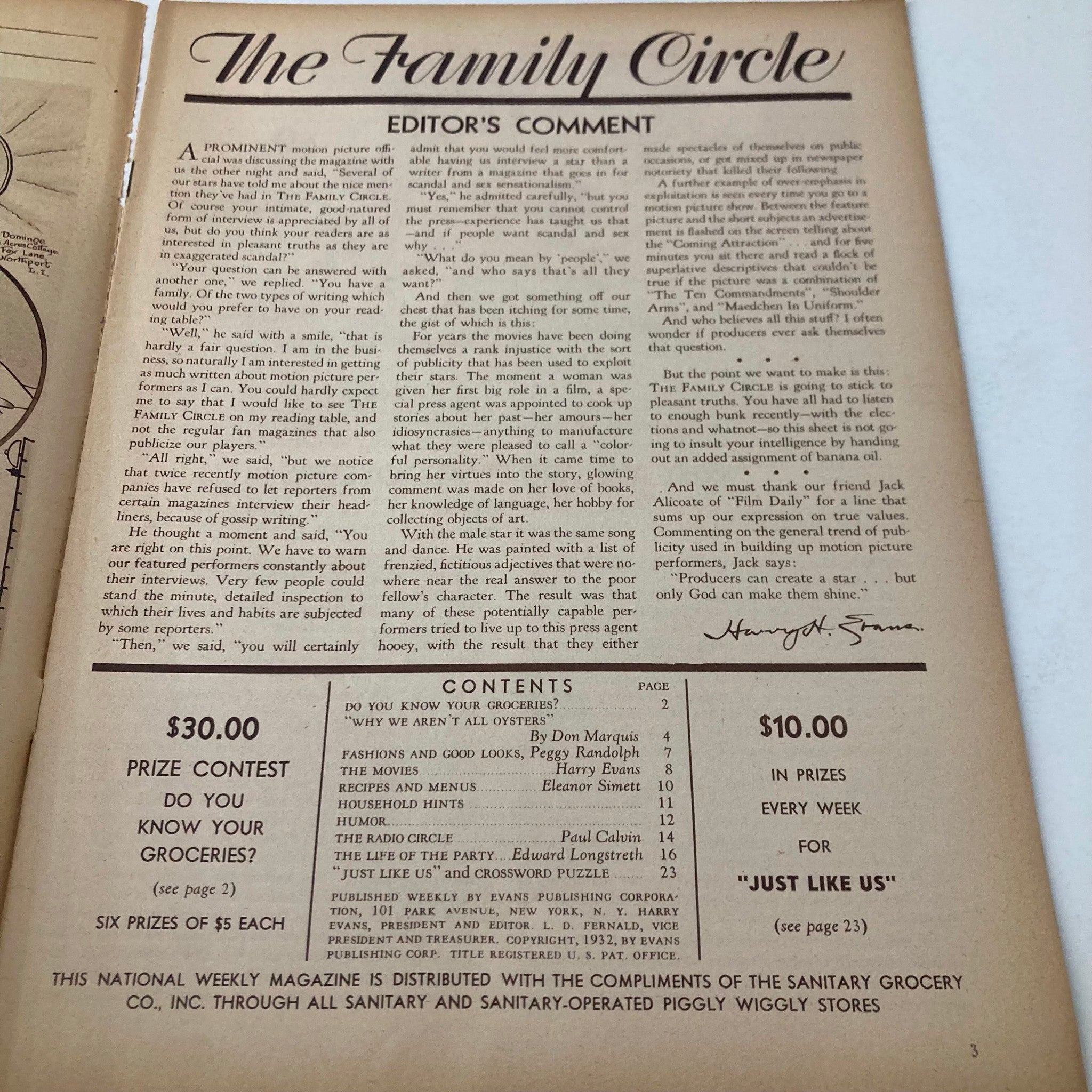 Inside page of VTG The Family Circle Magazine November 25 1932 featuring Editor's Comment, discussing motion picture stars and entertainment insights.