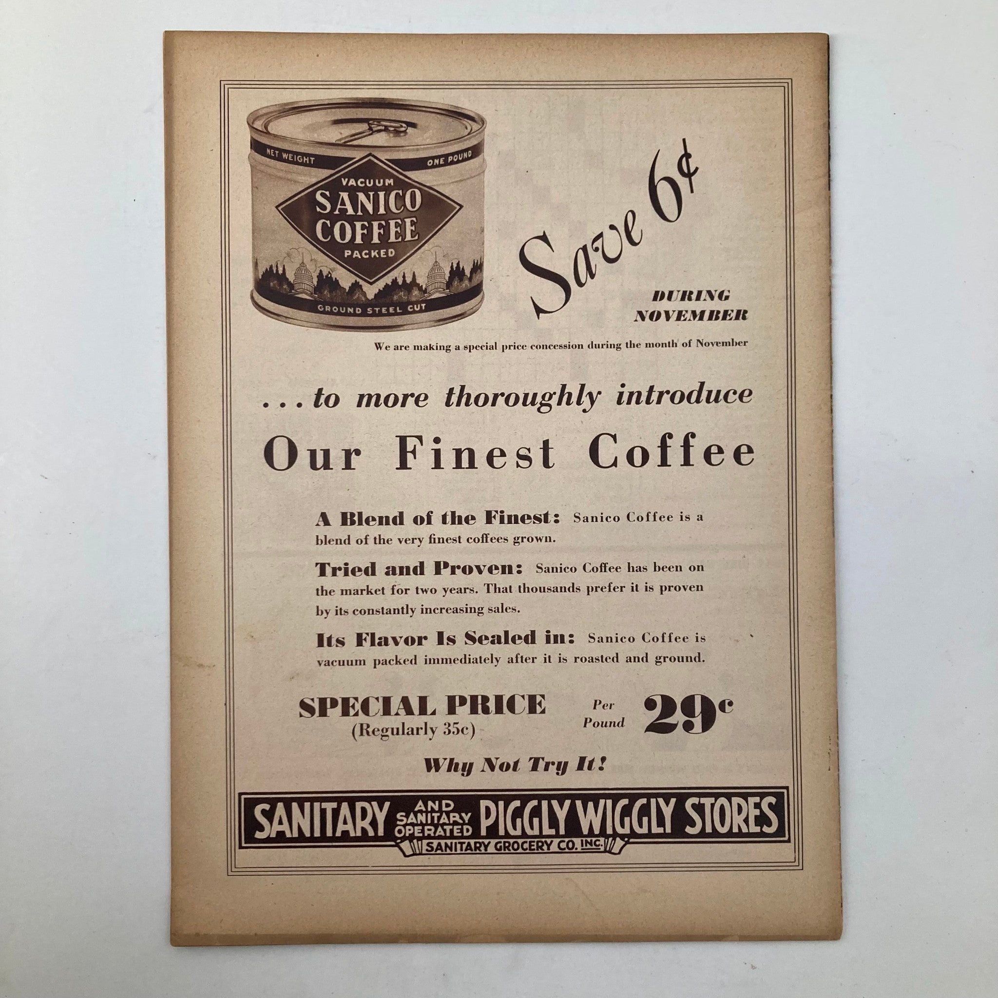 Vintage advertisement for Sanico Coffee in VTG The Family Circle Magazine November 25 1932, promoting a special price during the month of November.