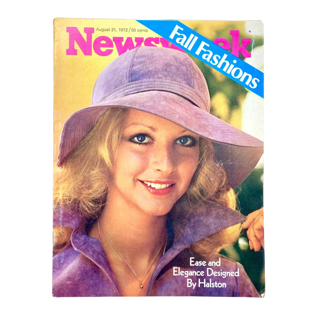 Cover of VTG Newsweek Magazine August 21, 1972 featuring a model in a purple hat, emphasizing the theme 'Ease and Elegance Designed By Halston'.