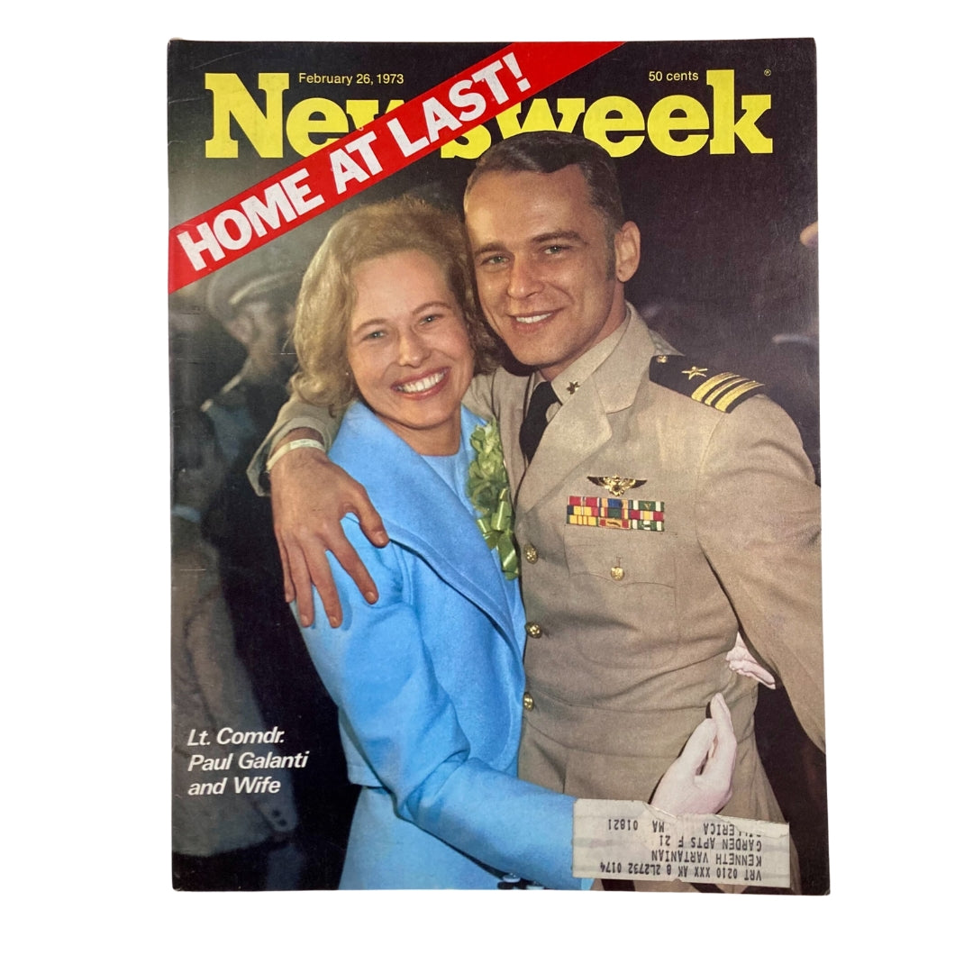 Cover of the vintage Newsweek magazine dated February 26, 1973, featuring Lt. Cmdr. Paul Galanti and his wife, celebrating his return home with a heartfelt embrace.