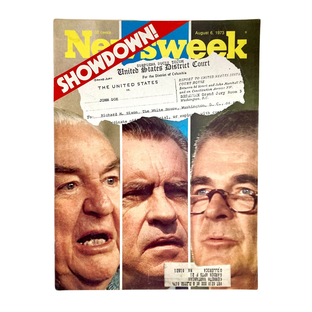 Vintage Newsweek magazine cover from August 6, 1973, titled 'Showdown!' featuring Richard Nixon and key figures during the U.S. political crisis.