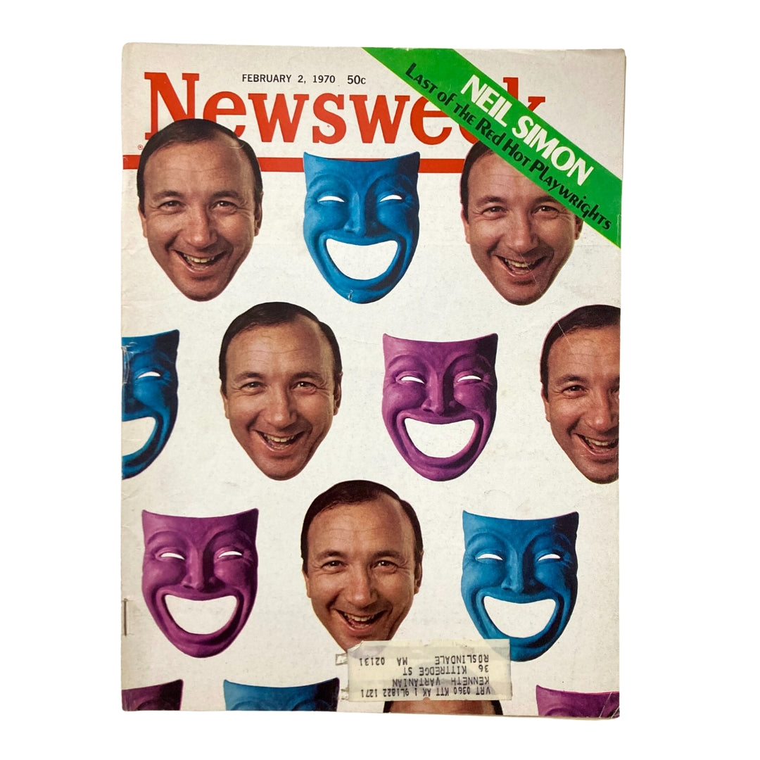 Cover of VTG Newsweek Magazine February 2 1970 featuring Neil Simon and icons of theater masks, celebrating 'Last of the Red Hot Playwrights'.