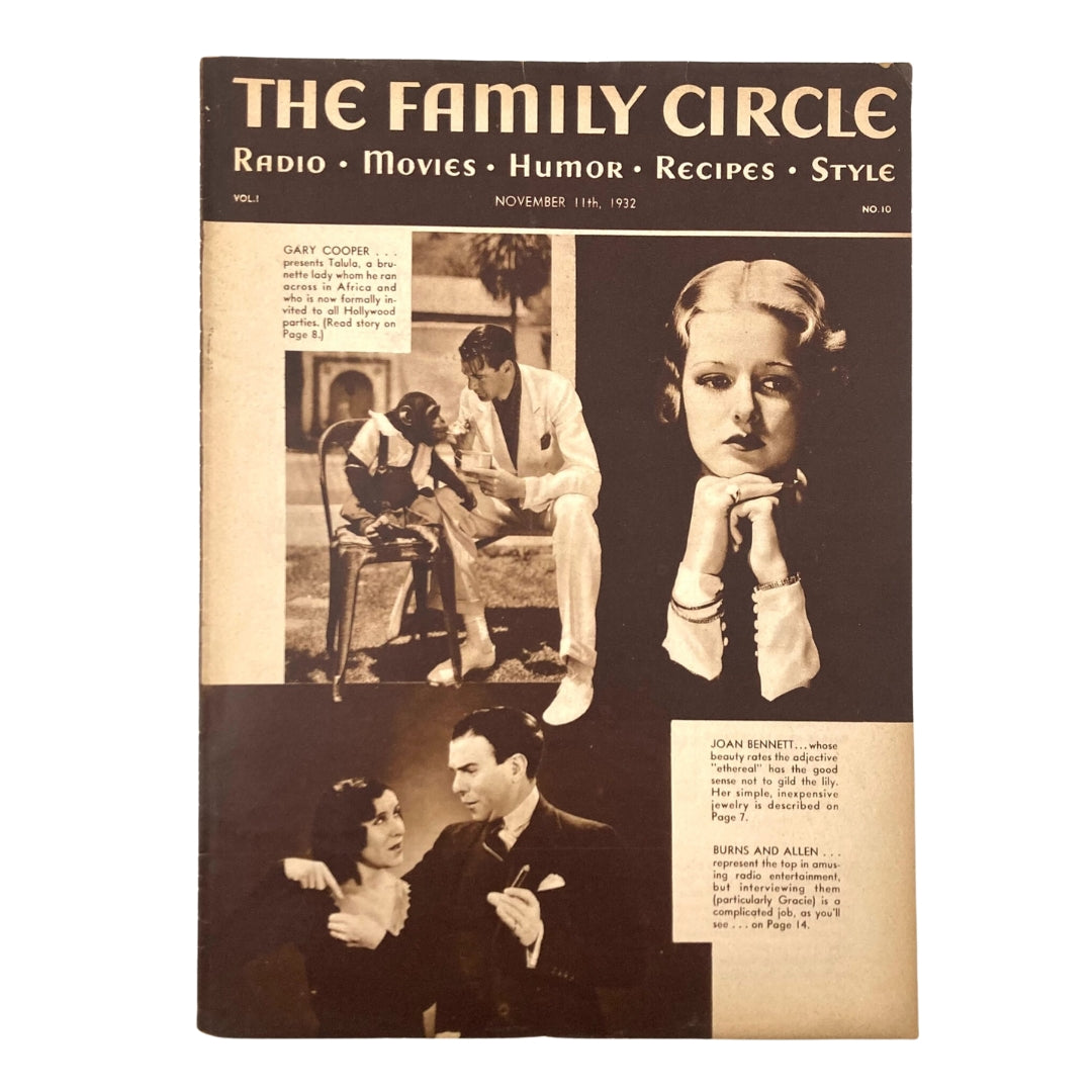 Cover of VTG The Family Circle Magazine - November 11, 1932 featuring images of Joan Bennett and Allen with vintage illustrations and advertisements from the early 1930s.