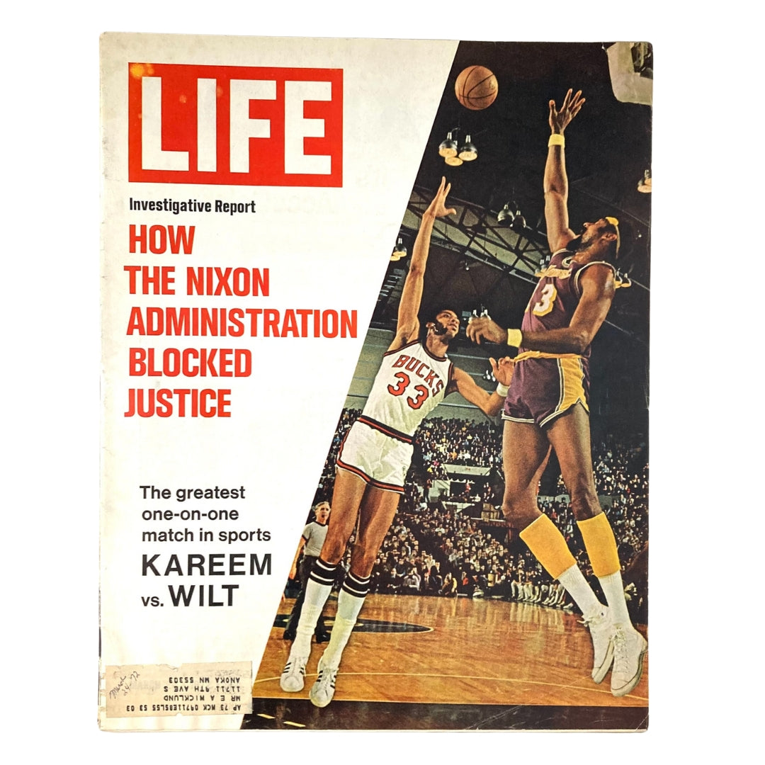 VTG Life Magazine March 24 1972 cover featuring Kareem Abdul-Jabbar and Wilt Chamberlain's iconic basketball match.