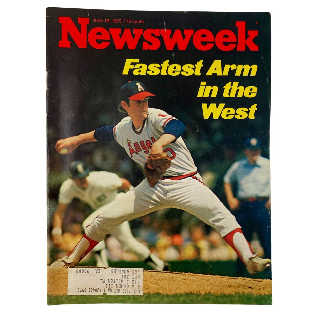 Cover of VTG Newsweek Magazine June 16, 1975 featuring Nolan Ryan, titled 'Fastest Arm in the West', showcasing Ryan in a dynamic pitching pose.