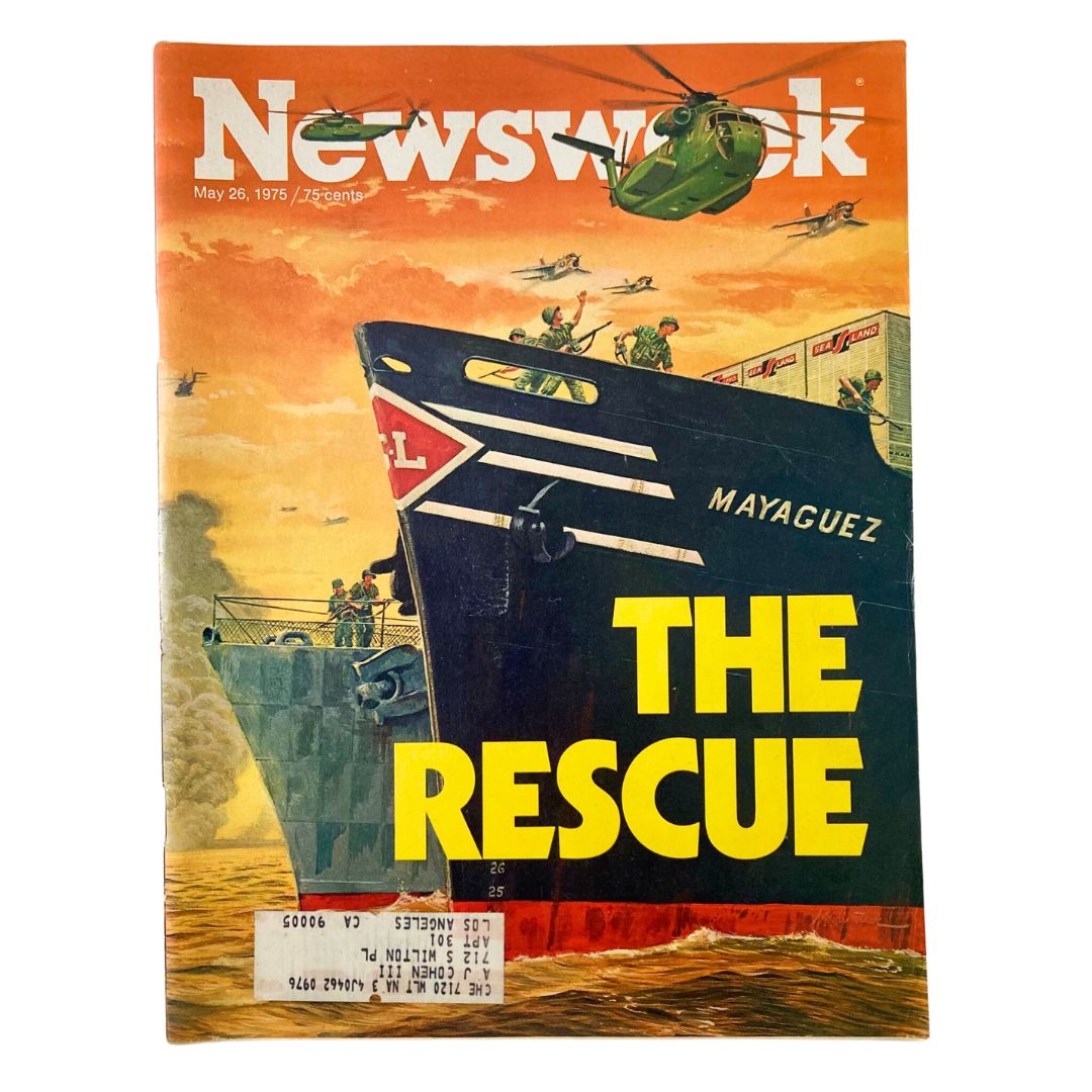 Vintage Newsweek Magazine cover from May 26, 1975, featuring 'The Rescue' from the Mayaguez incident in the Gulf of Siam, showcasing military action with helicopters and ships.