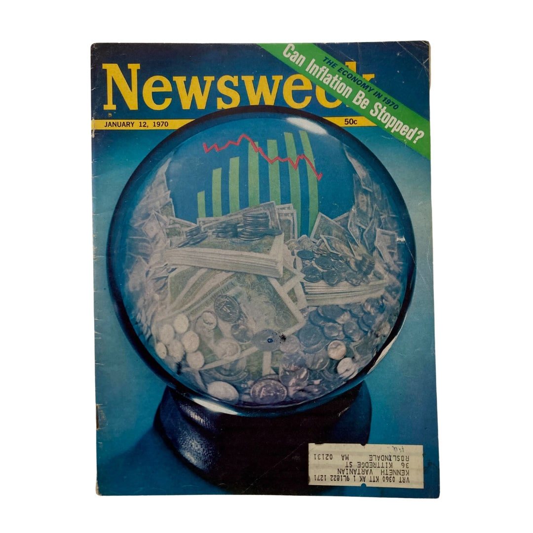 Cover of VTG Newsweek Magazine January 12 1970 titled 'The Economy: Can Inflation Be Stopped?' featuring a crystal ball, coins, and graphs representing economic indicators.