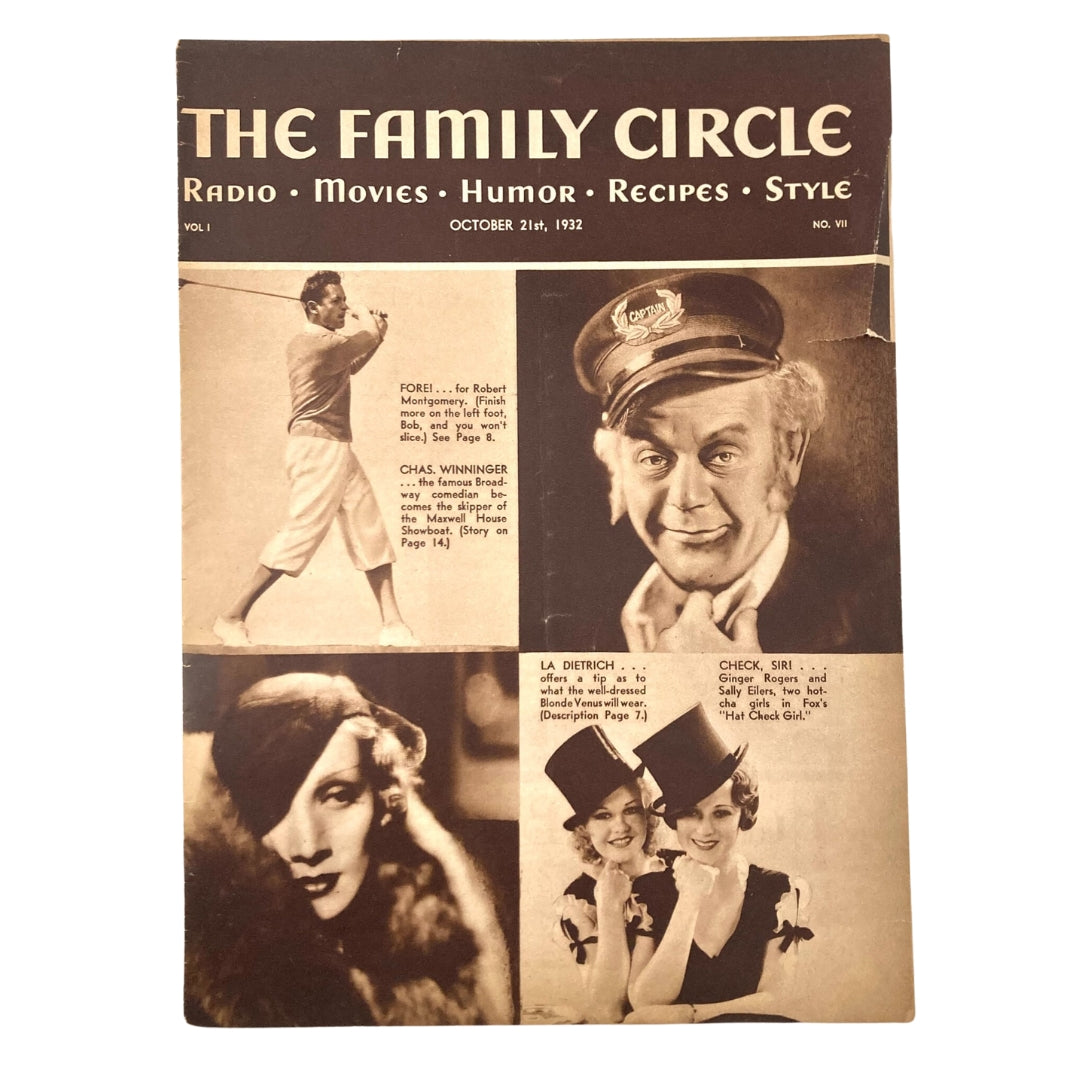 Cover of VTG The Family Circle Magazine from October 21, 1932 featuring Charles Winninger and vintage advertisements.