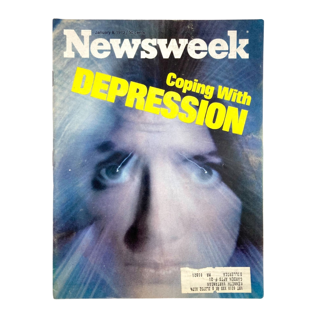 Cover of VTG Newsweek Magazine January 8, 1973 featuring an article on Coping with Depression and a depiction of a person's face with intense expression.