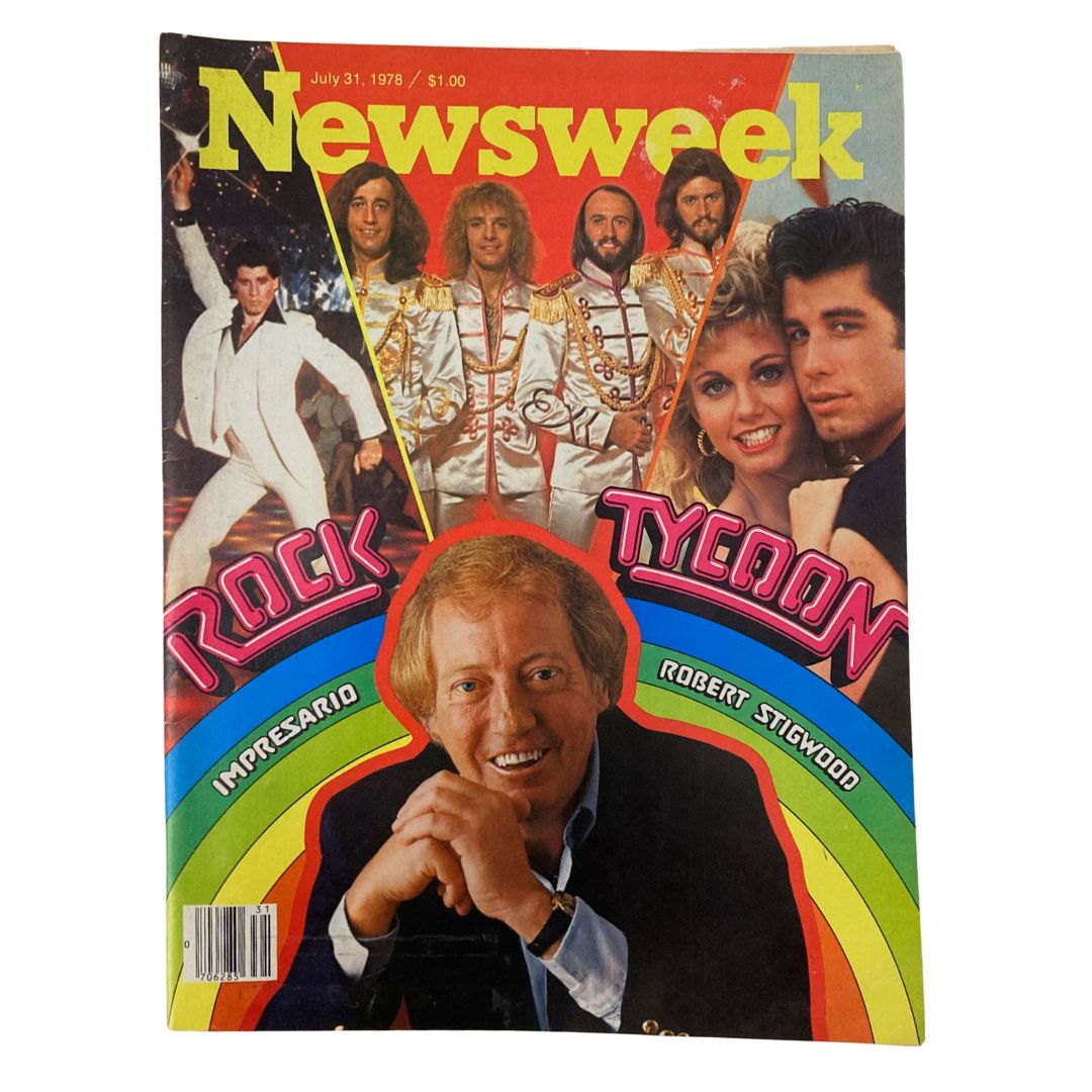 VTG Newsweek Magazine July 31 1978 featuring rock tycoon Robert Stigwood on the cover, showcasing colorful design and iconic images from the late 1970s music scene.