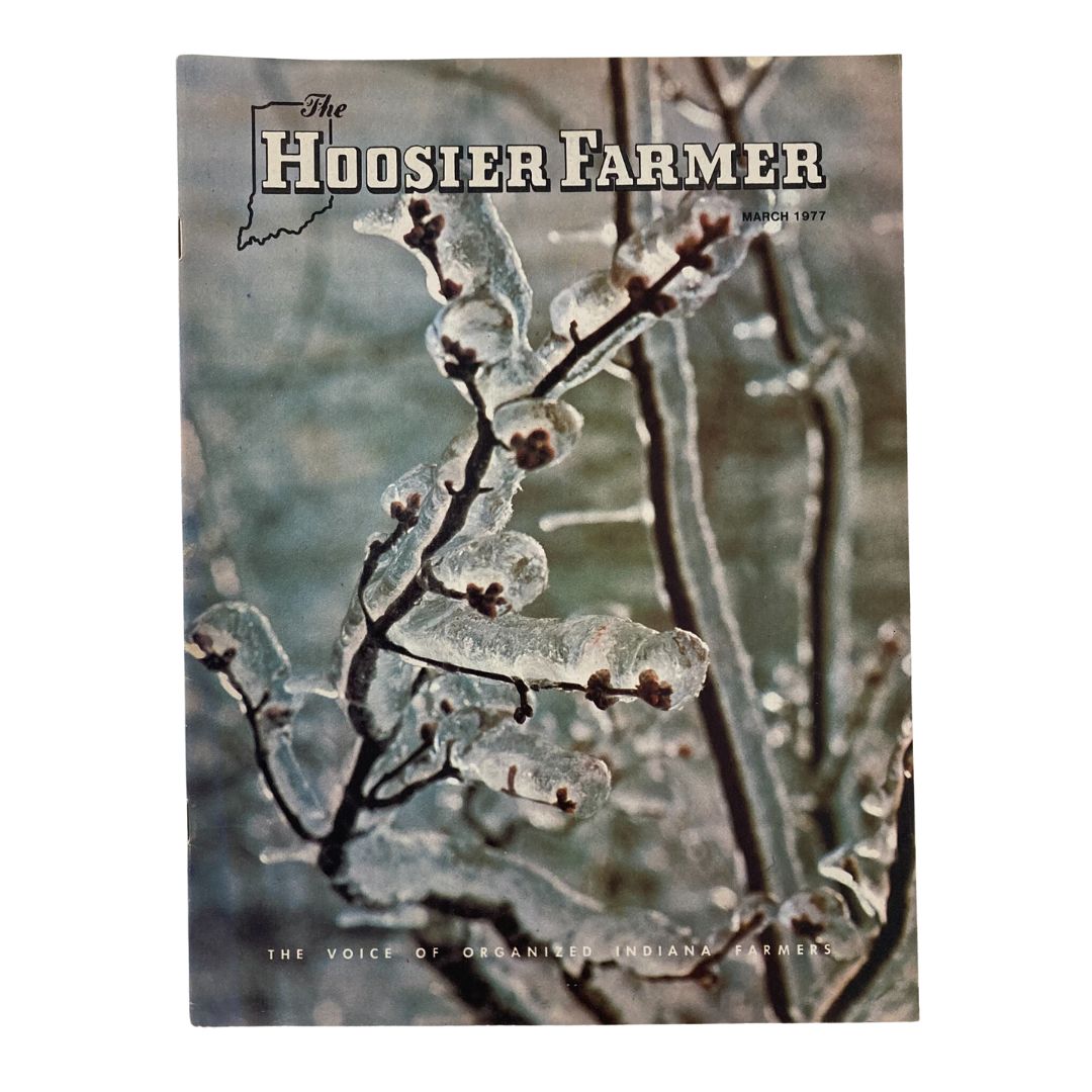 Vintage The Hoosier Farmer magazine cover from March 1977, featuring icy branches, highlighting the worst cold in Indiana's history.