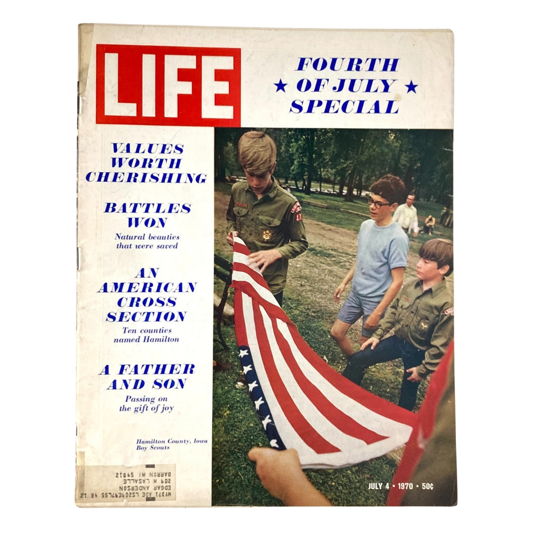 Cover of VTG Life Magazine July 4 1970 Vol 69 No. 1 The Fourth of July Special featuring boys with an American flag, showcasing themes of patriotism and Independence Day.