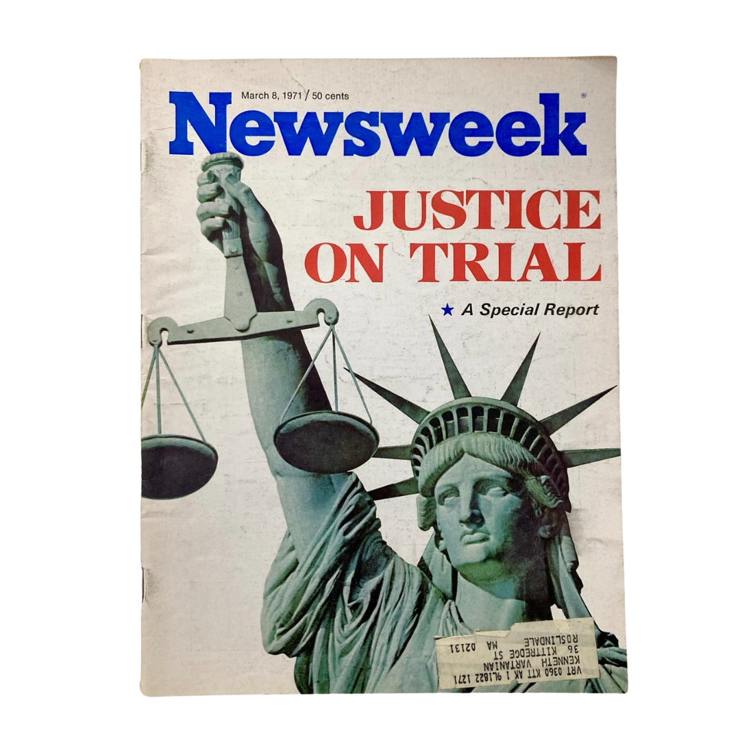 Cover of VTG Newsweek Magazine March 8 1971 featuring a prominent image of the Statue of Liberty holding scales of justice, titled 'Justice on Trial A Special Report'.