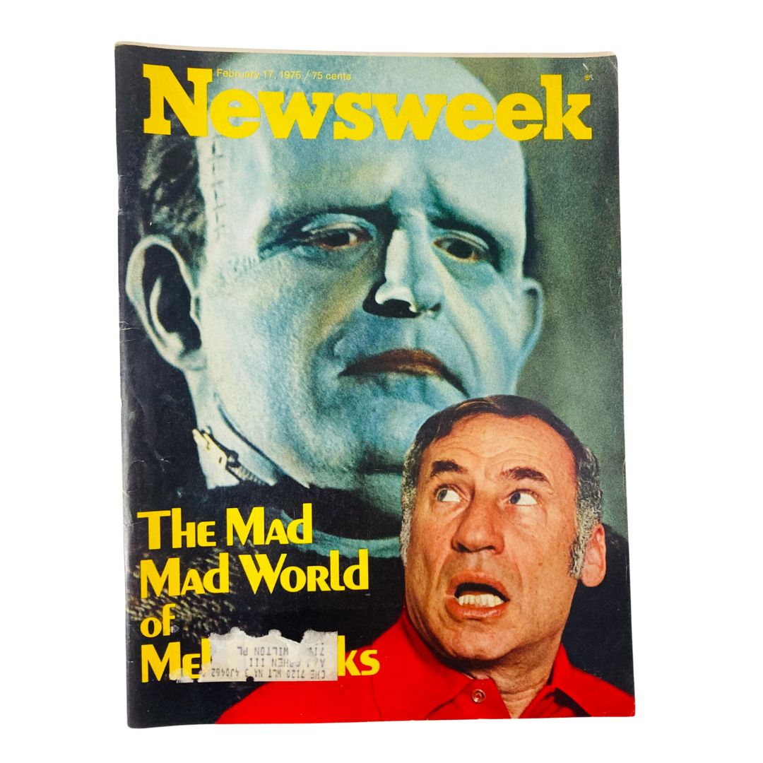 Cover of VTG Newsweek Magazine February 17, 1975 featuring 'The Mad World of Mel Brooks' with a notable image of Frankenstein.