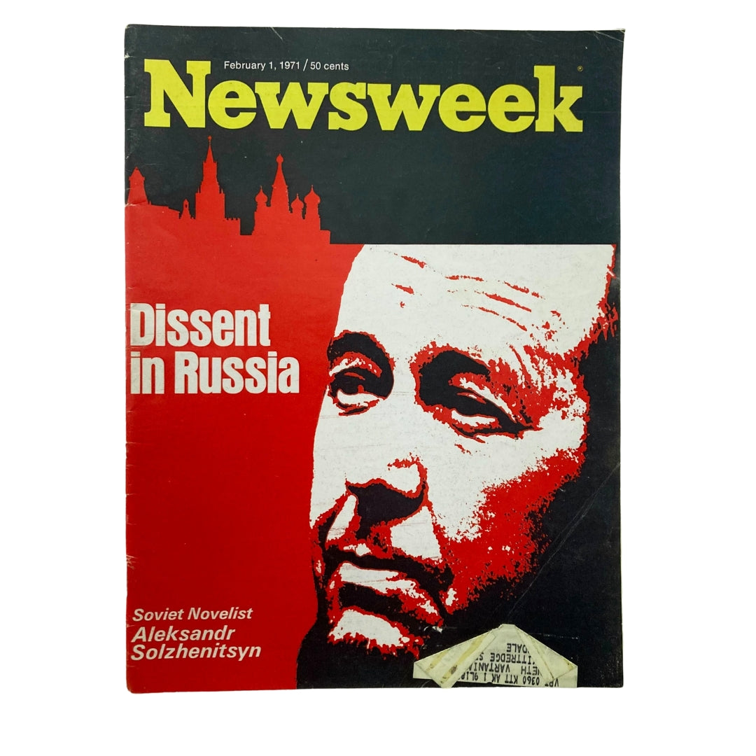 VTG Newsweek Magazine February 1 1971 featuring Soviet Novelist Aleksandr Solzhenitsyn on the cover with the headline 'Dissent in Russia'.